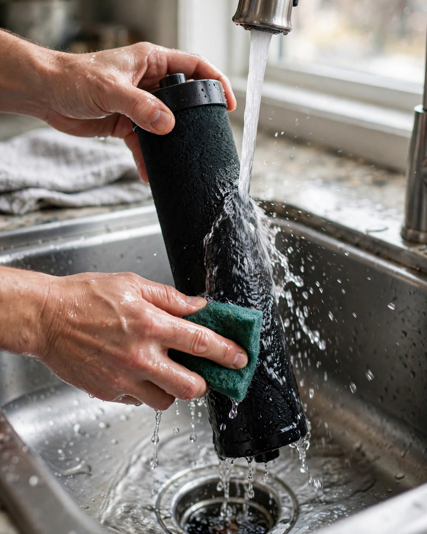 Hands scrubbing a black gravity filter element under running cold water in a sink