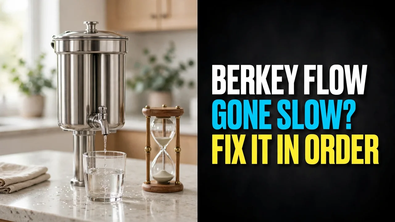Berkey flow gone slow — a gravity filter dripping thinly into a glass beside an hourglass