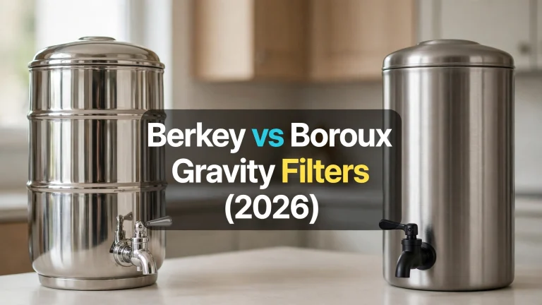 A Berkey-style polished urn and a Boroux-style brushed urn with black spigot on a kitchen counter