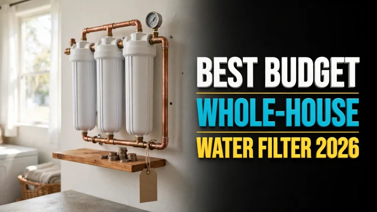 Three-stage budget whole-house water filter mounted on copper pipes in a utility room