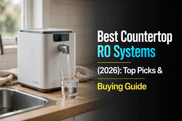 Best countertop RO systems (2026) — modern countertop reverse osmosis appliance dispensing water into a glass beside a kitchen sink