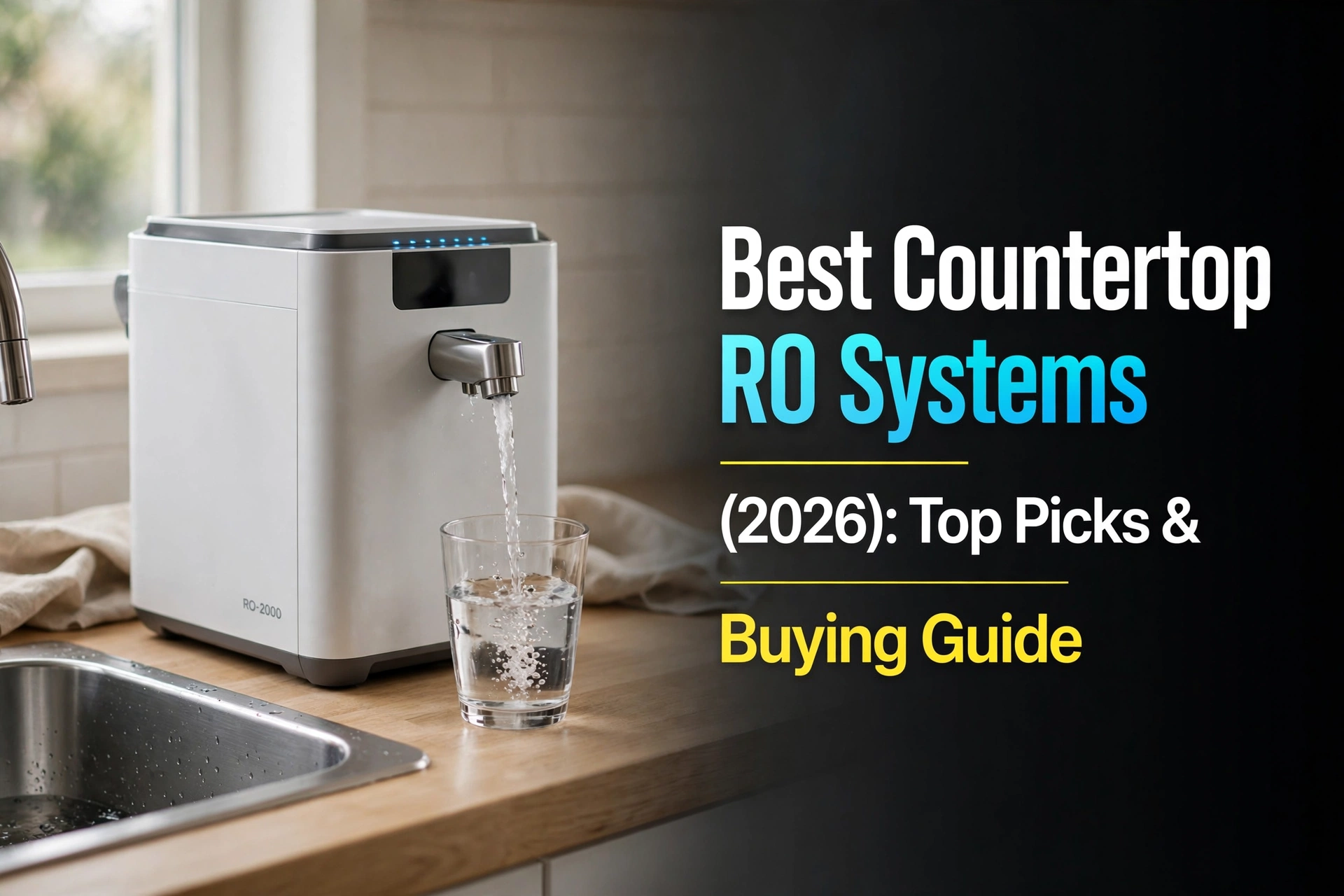 Best countertop RO systems (2026) — modern countertop reverse osmosis appliance dispensing water into a glass beside a kitchen sink