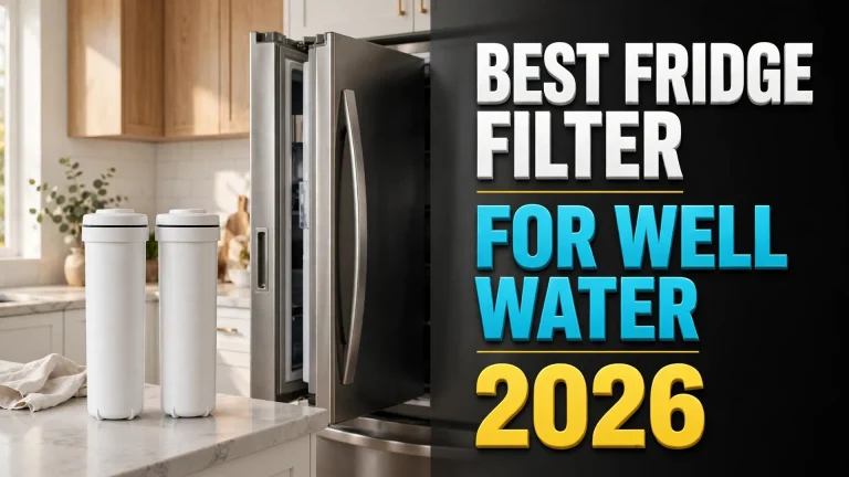 Two refrigerator water filter cartridges beside an open stainless fridge — best fridge filter for well water 2026 guide