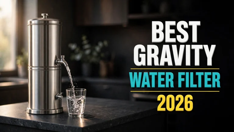Best gravity water filter 2026: stainless steel gravity water dispenser pouring filtered water into a glass on a dark kitchen island