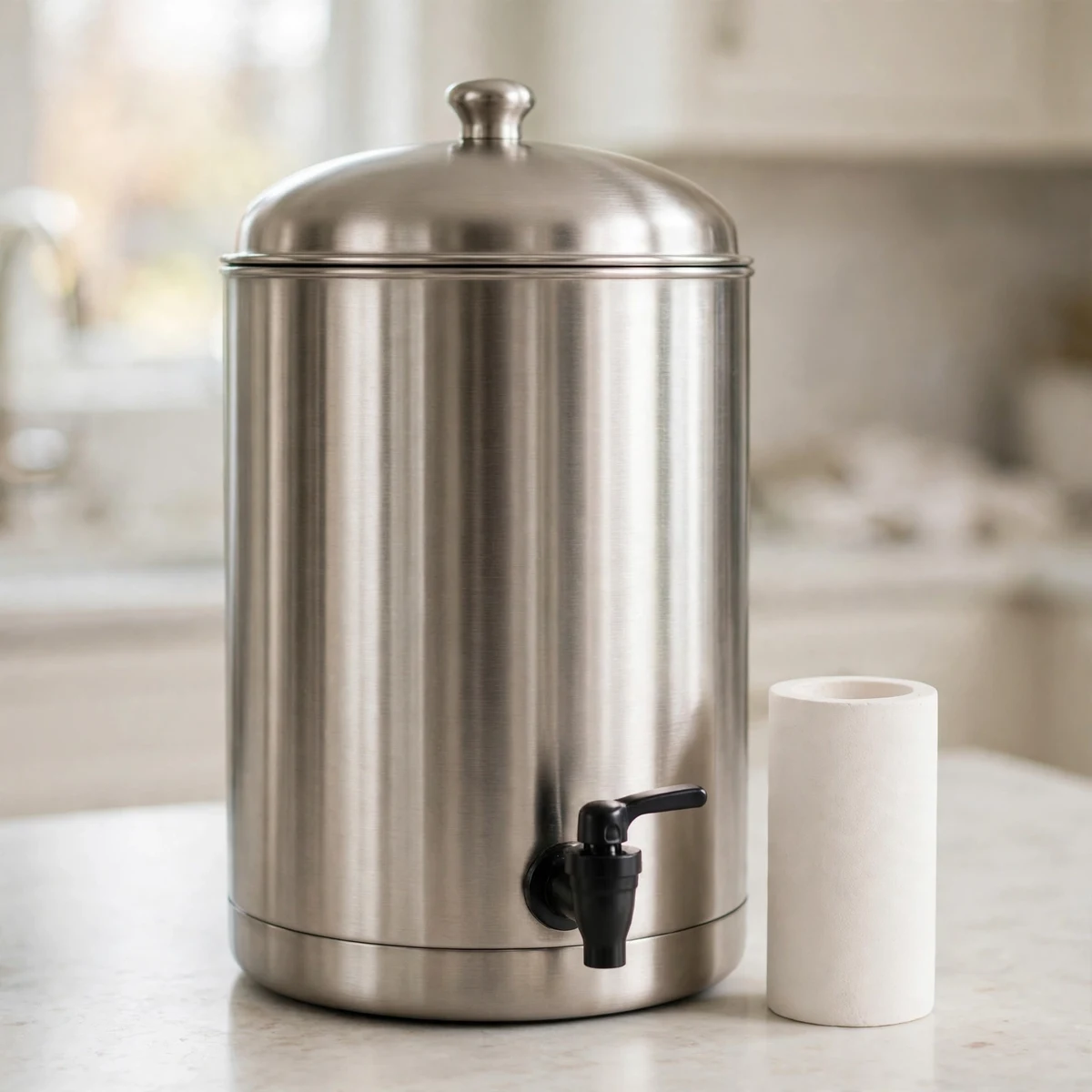 British Berkefeld stainless steel gravity water filter urn with a ceramic fluoride candle beside it
