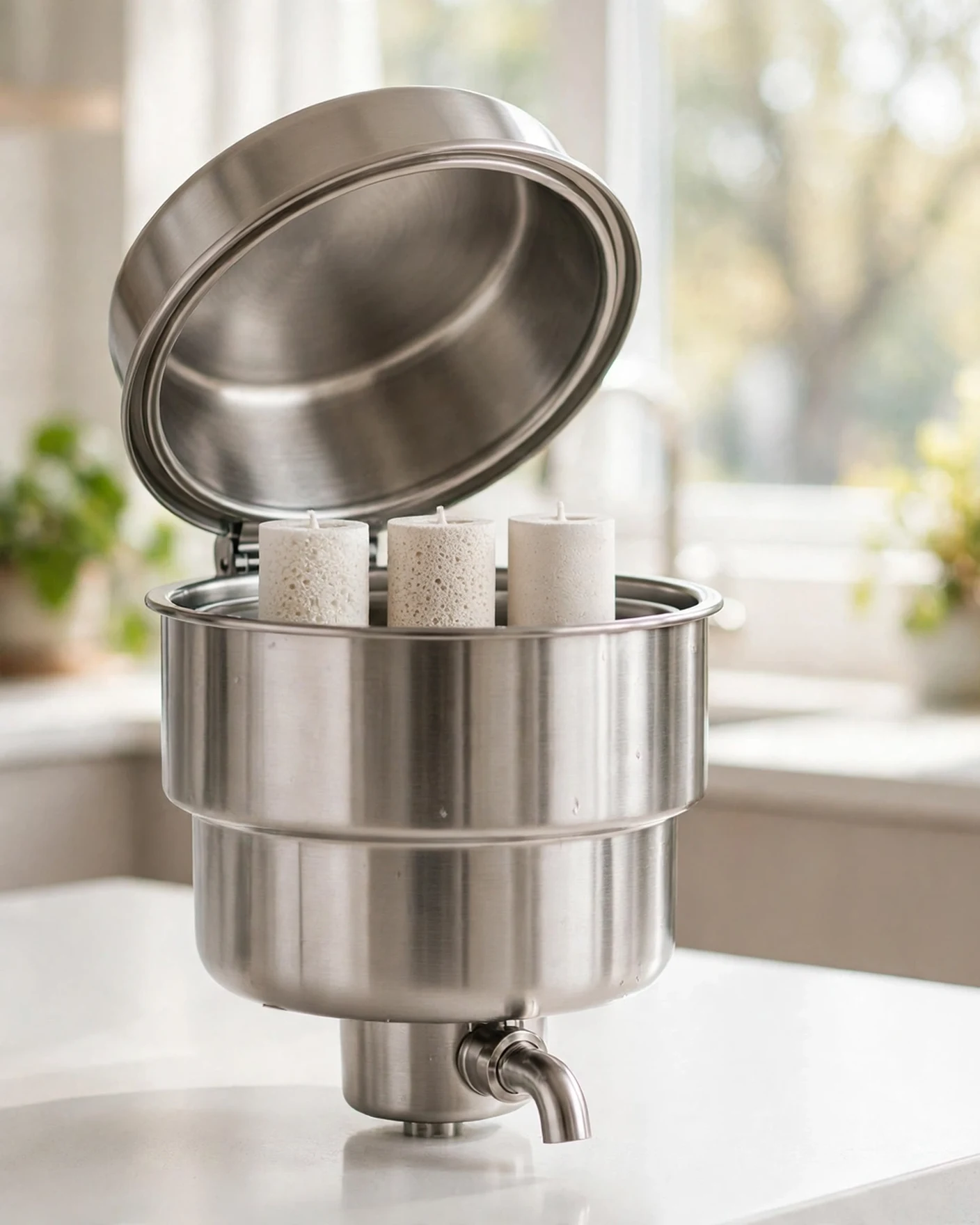 Gravity water filter with its upper chamber open showing white ceramic fluoride filter candles inside