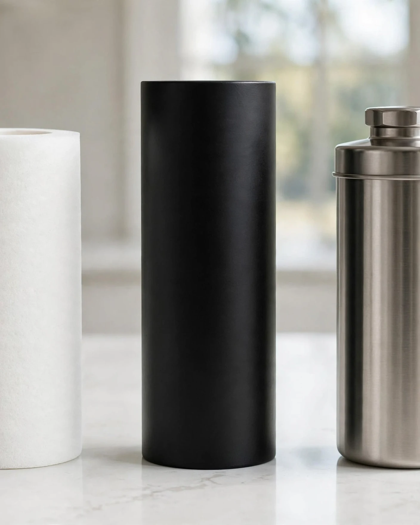 Ceramic filter candle, black carbon element and stainless fluoride add-on canister side by side on white quartz