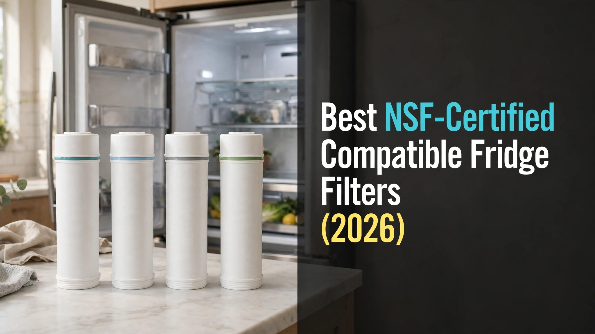 Four certified compatible refrigerator filter cartridges in a row in front of an open fridge