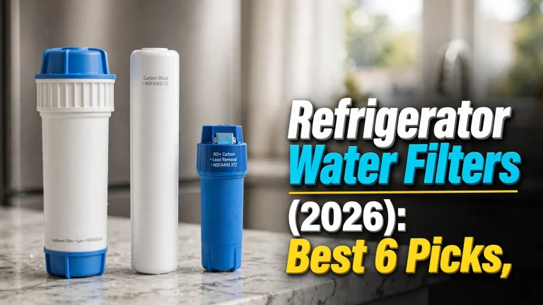 Three refrigerator water filter cartridges standing on a bright kitchen counter with a stainless steel refrigerator behind, headline overlay: Refrigerator Water Filters (2026): Best 6 Picks