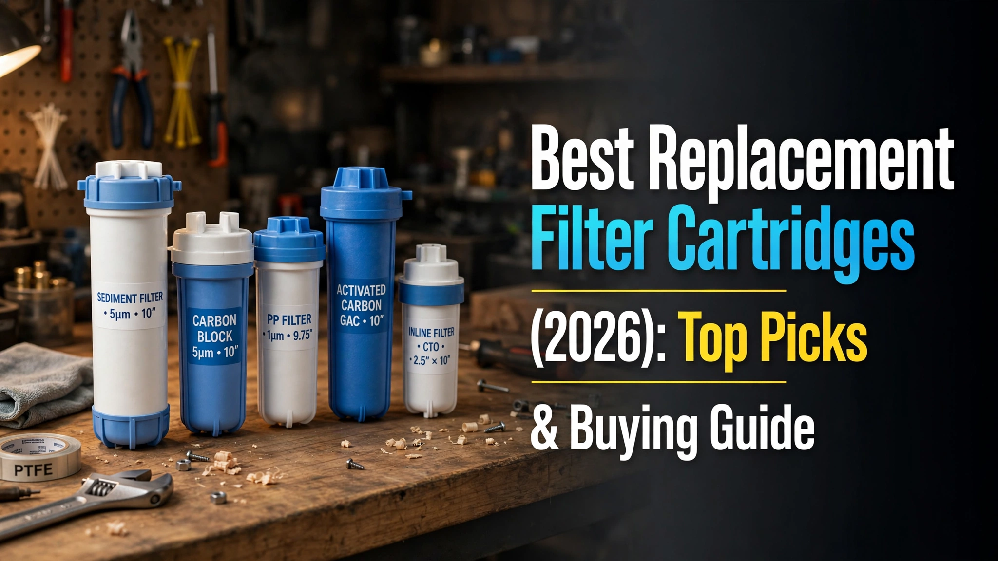 Best replacement filter cartridges (2026) — assorted sediment, carbon block and inline cartridges lined up on a workshop workbench