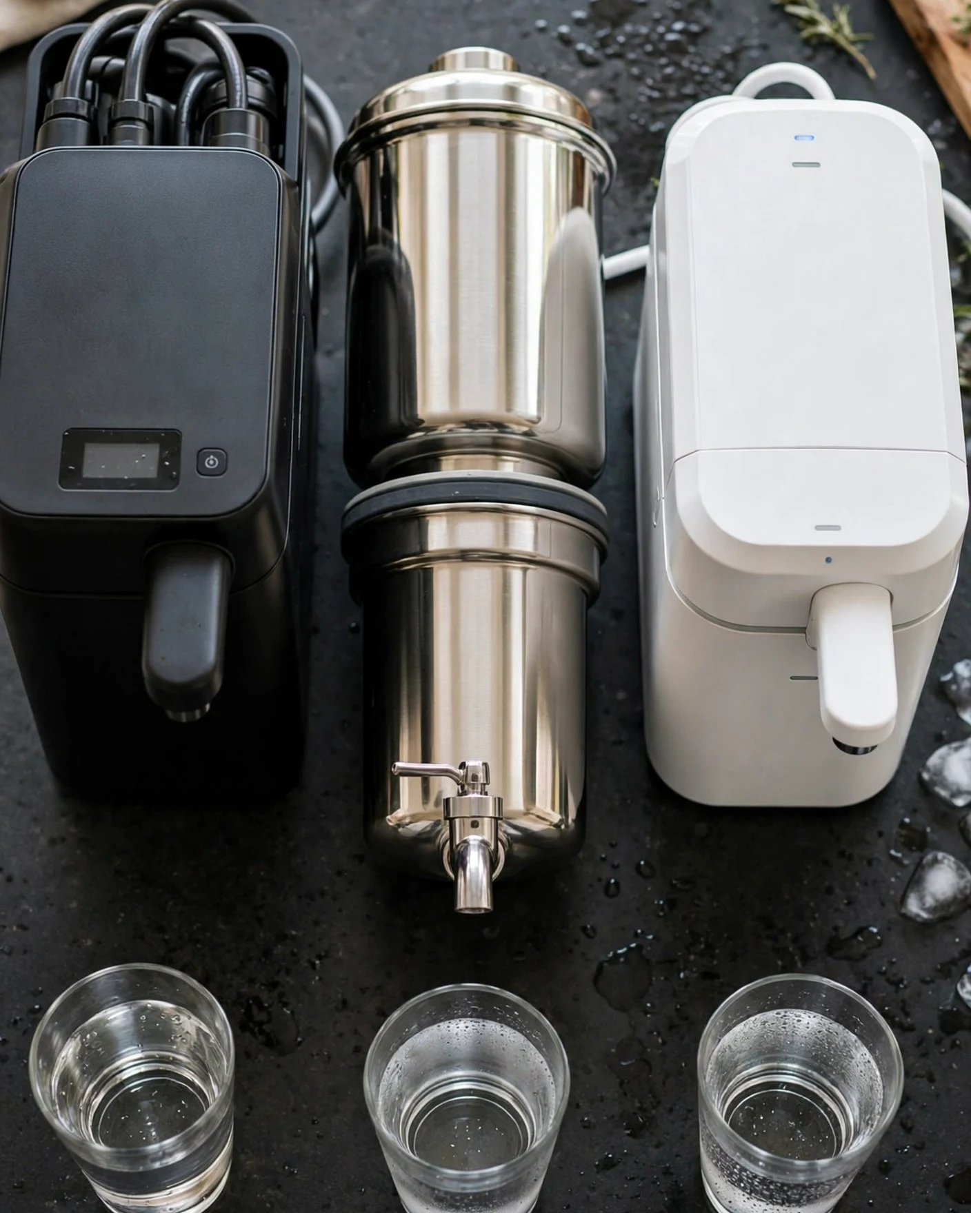 Three renter-friendly water filtration options lined up on an apartment kitchen counter