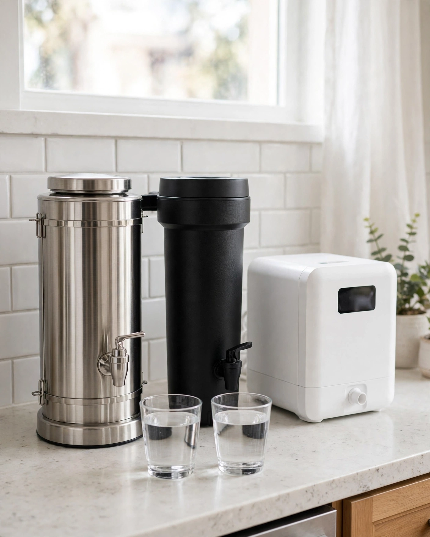 The three apartment-friendly water filter picks lined up on a kitchen counter