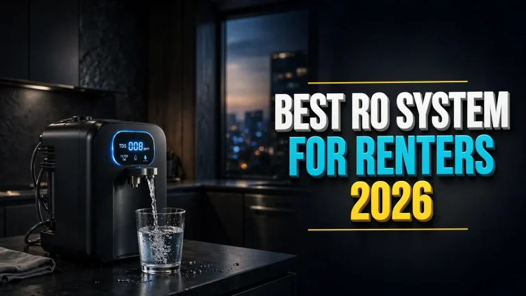 Best RO system for renters 2026 — black countertop RO unit dispensing water in a dusk-lit apartment kitchen