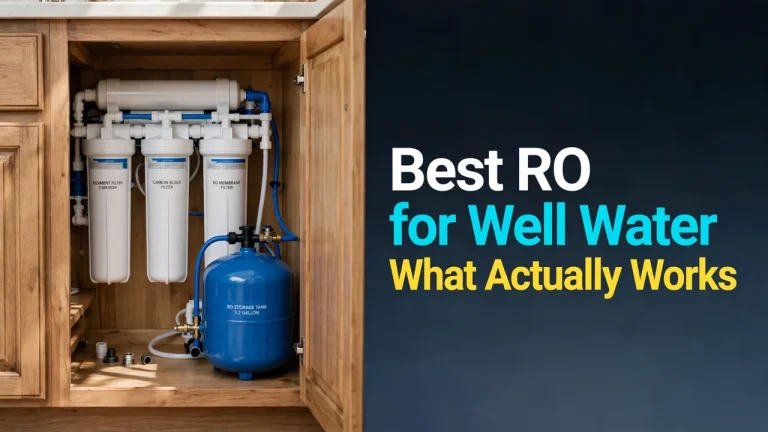 Best RO system for well water — five-stage under-sink system with tank in a farmhouse cabinet