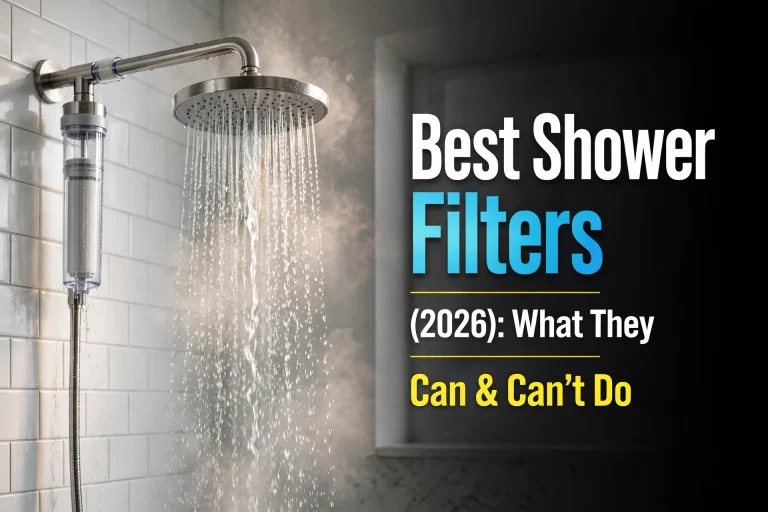 Best shower filters (2026) — rainfall shower head with an inline filter cartridge in a tiled bathroom