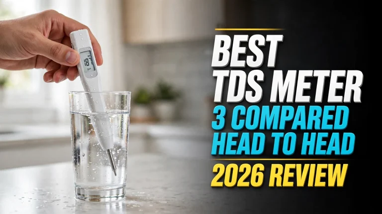 Hand dipping a white digital TDS meter into a glass of water, headline: Best TDS Meter — 3 Compared Head to Head, 2026 Review