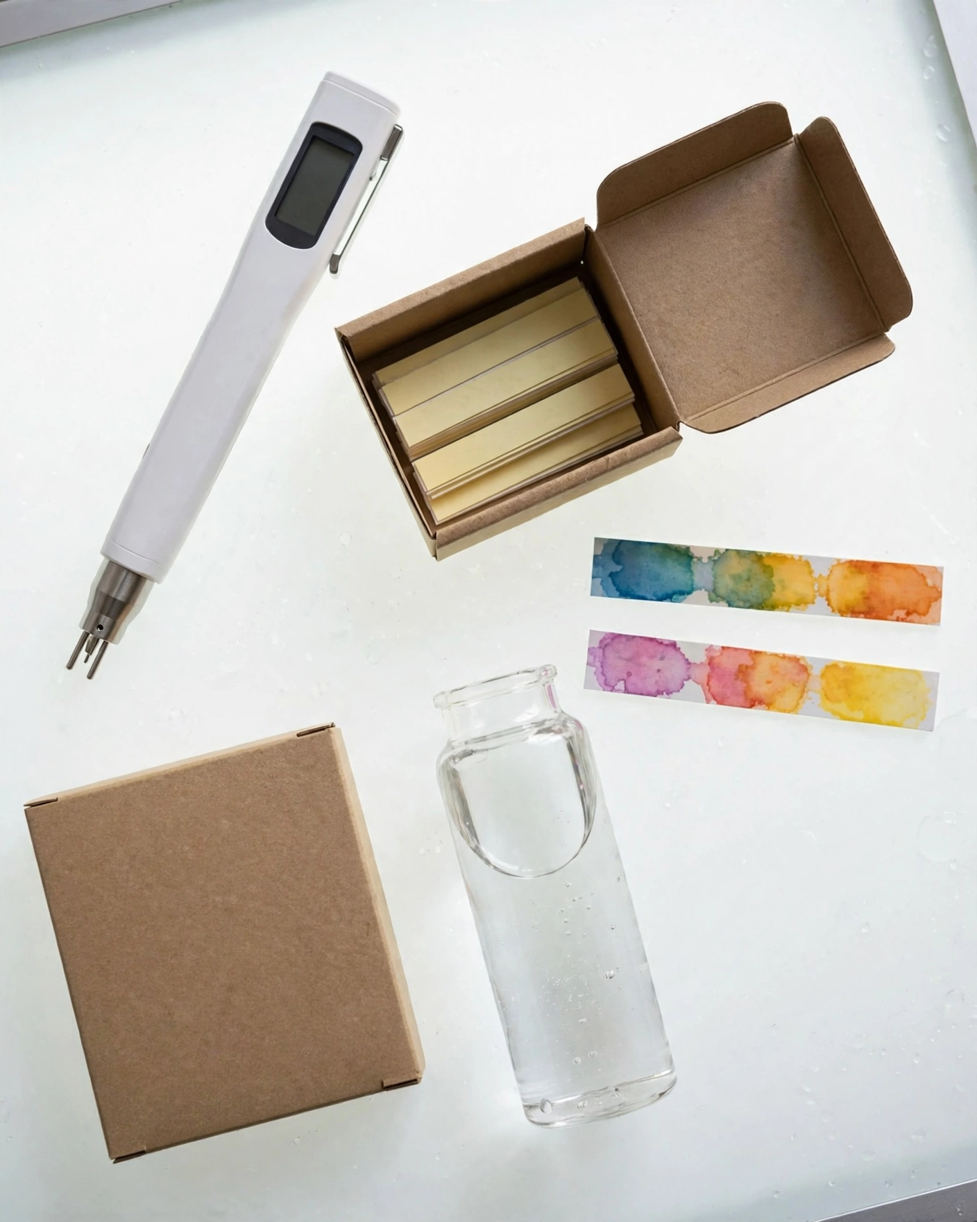 A TDS meter beside water test strips and a mail-in laboratory test kit, showing the difference between a ppm reading and a full water analysis