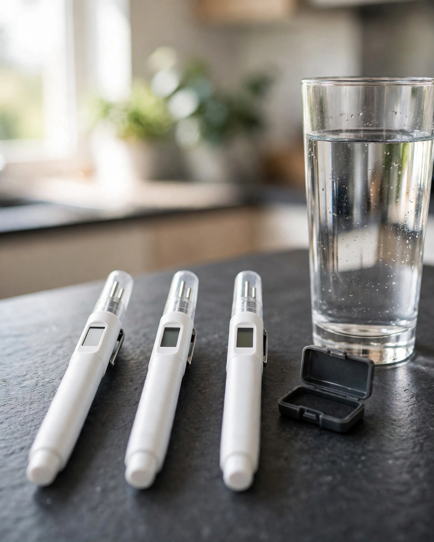 Three TDS meter pen testers lying beside a glass of water on a dark counter