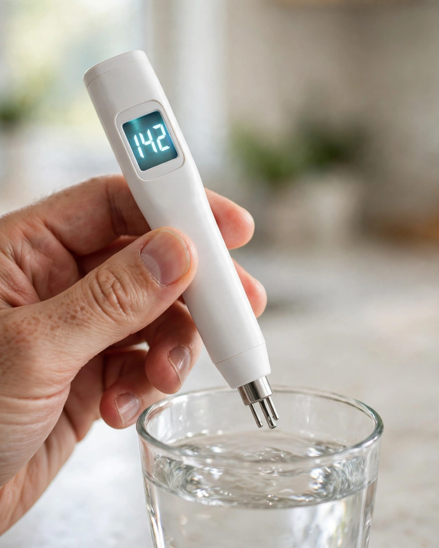Close-up of a TDS meter showing a ppm reading held above a glass of water
