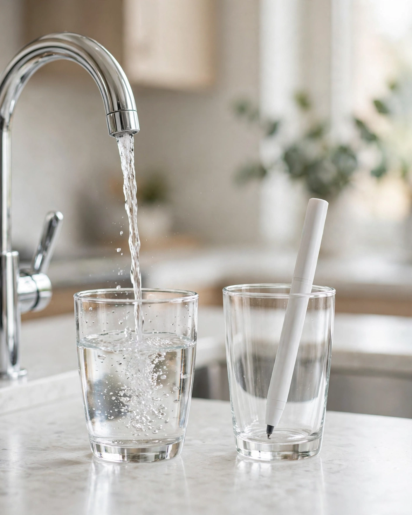 Kitchen faucet pouring filtered water into a glass with a TDS meter in a second glass, showing how meters track RO performance