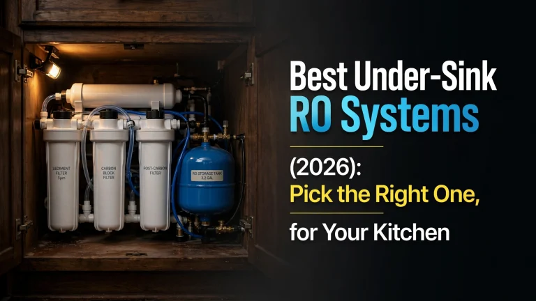 Best under-sink RO systems (2026) — reverse osmosis filter housings and blue storage tank installed inside a kitchen cabinet