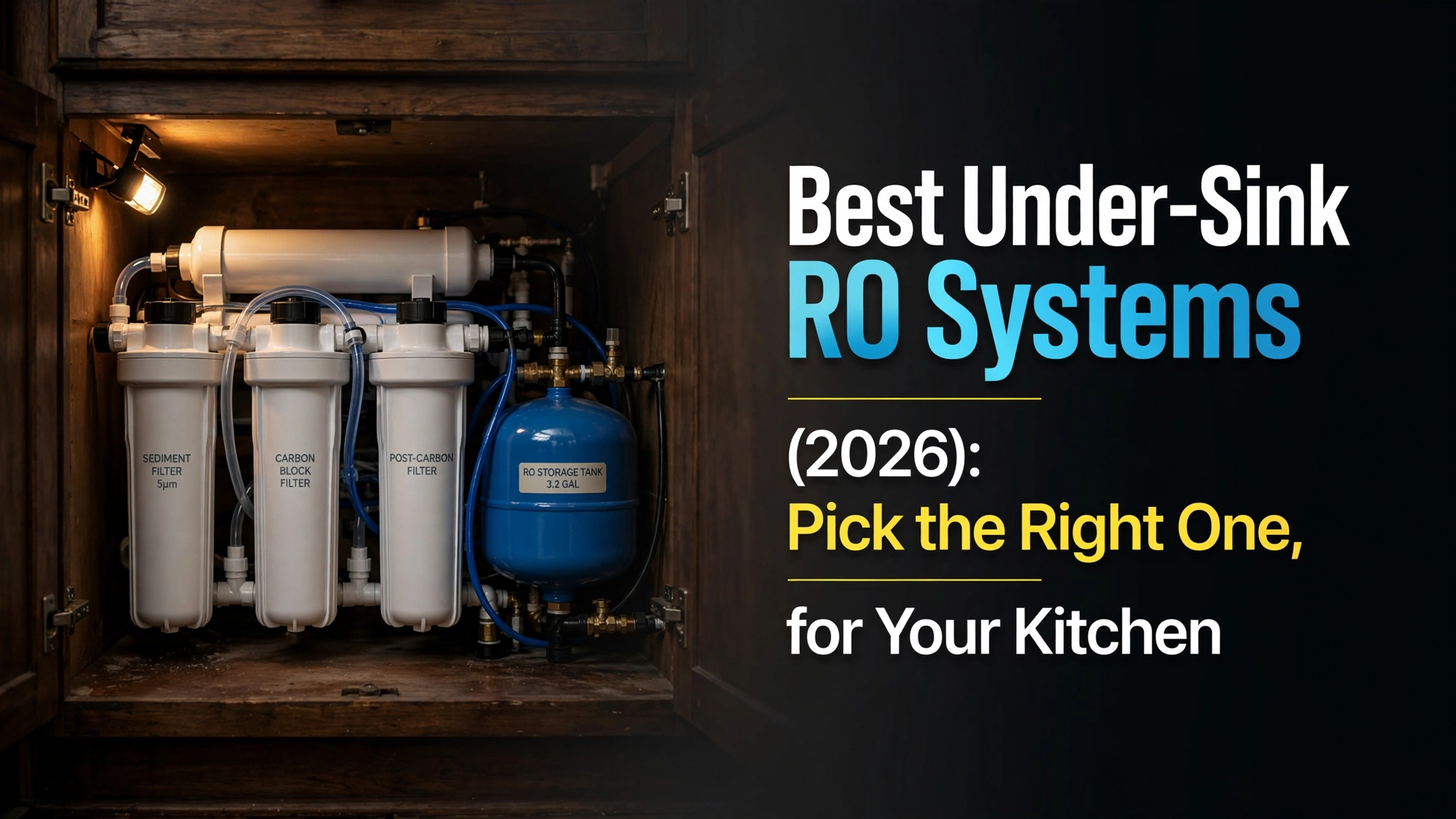 Best under-sink RO systems (2026) — reverse osmosis filter housings and blue storage tank installed inside a kitchen cabinet