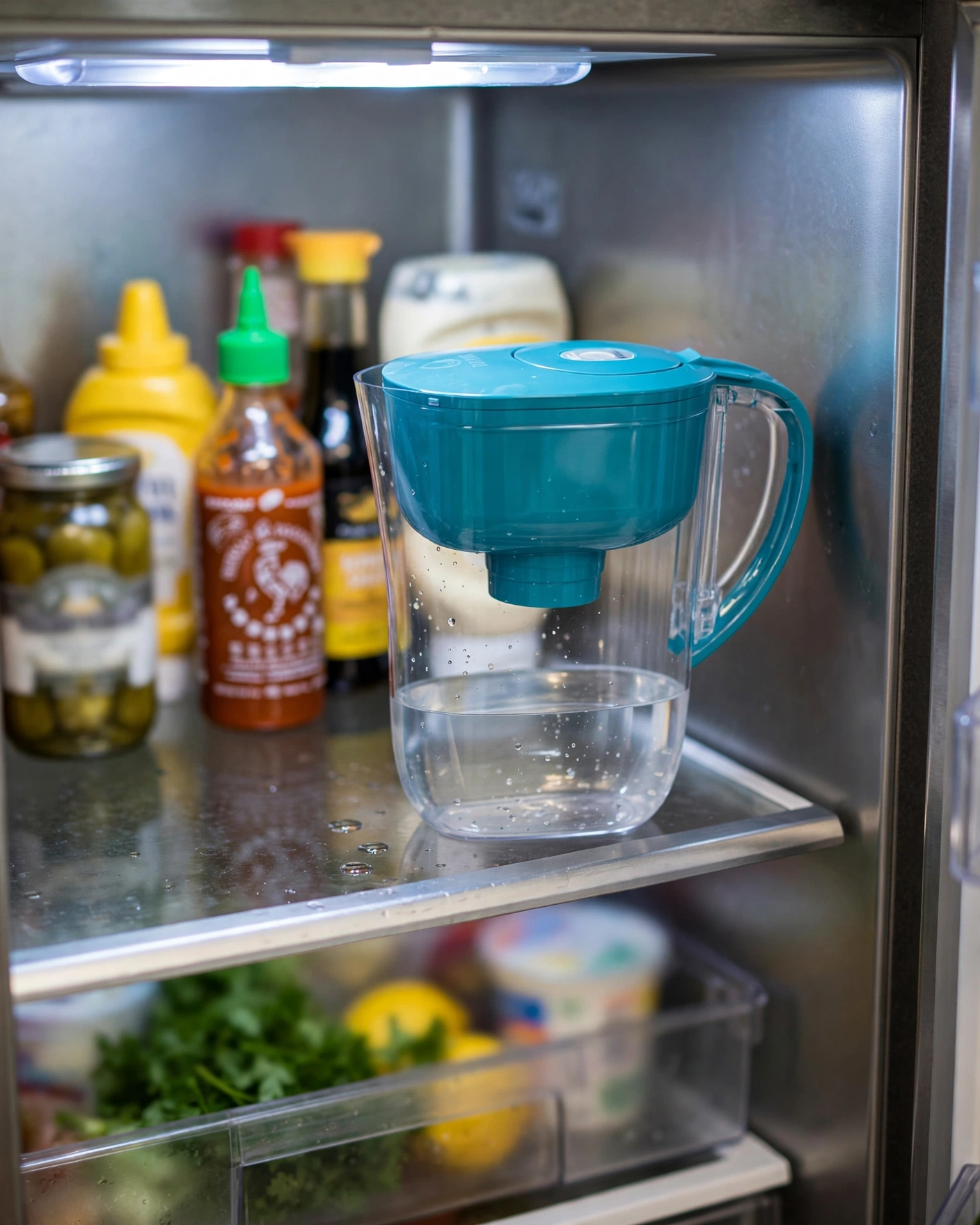 Compact turquoise Brita-Metro-style 6-cup pitcher on a refrigerator shelf