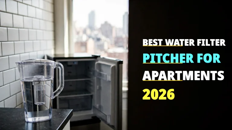Unlabeled water filter pitcher on a small apartment kitchen counter beside a compact refrigerator