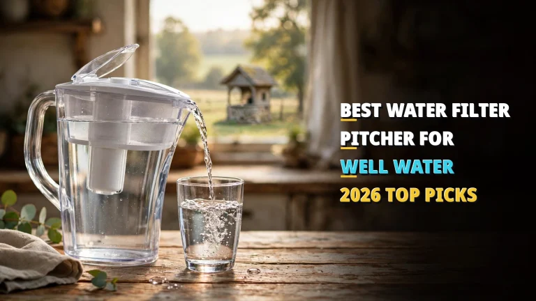 Water filter pitcher pouring into a glass on a farmhouse kitchen counter with a well-house visible through the window