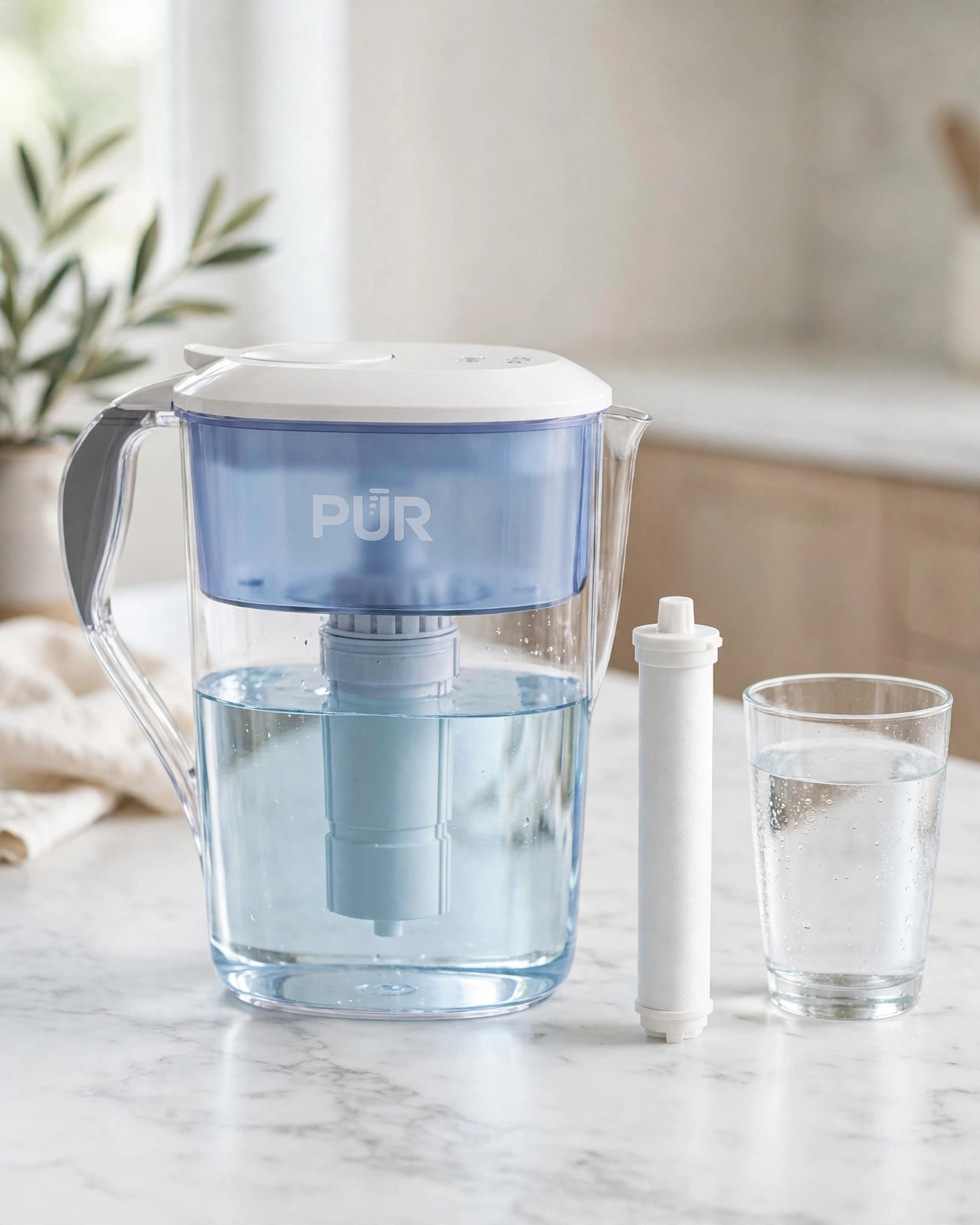 White and blue PUR-PLUS-style 11-cup pitcher with lead-reducing filter cartridge on a marble counter