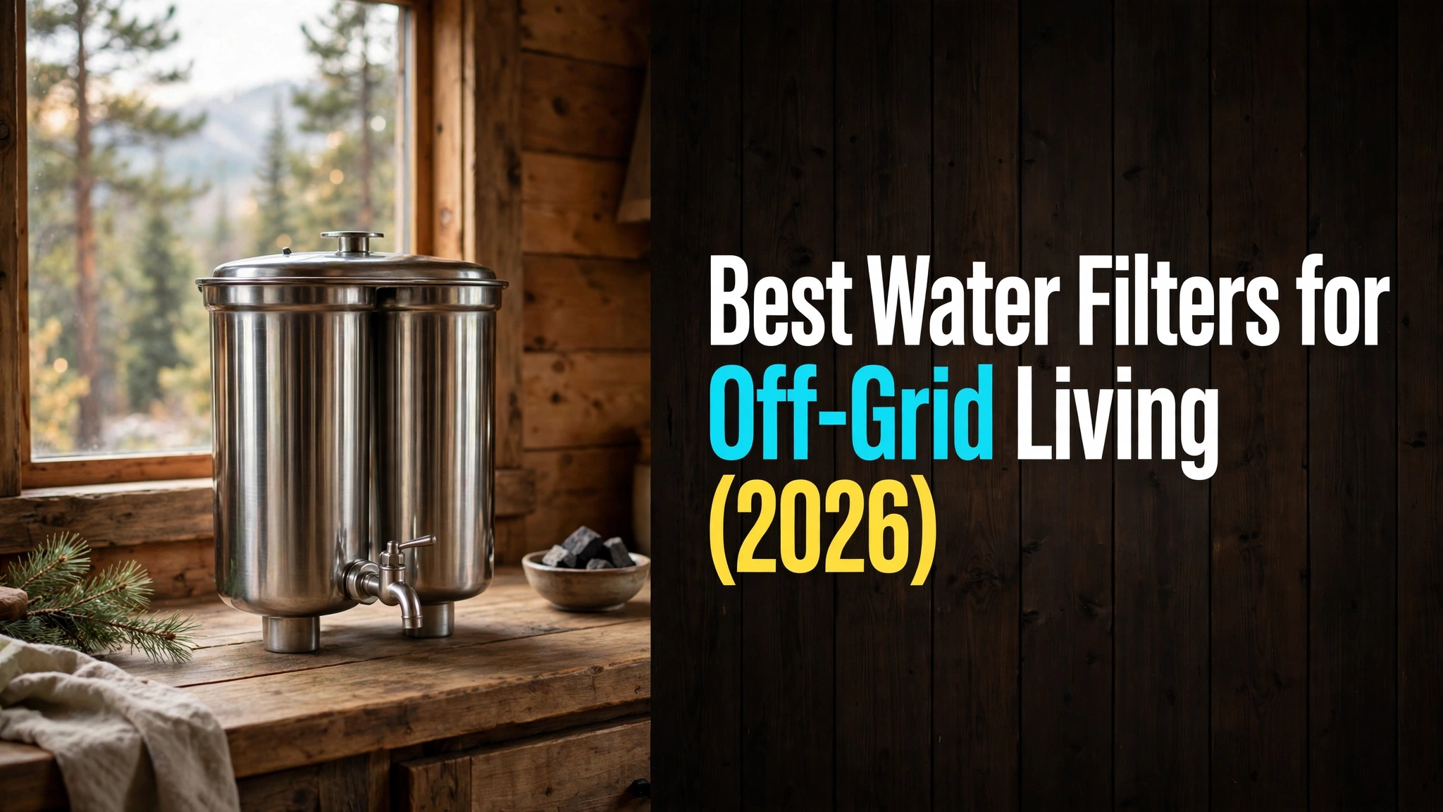 A gravity urn on a wooden counter inside a rustic cabin kitchen