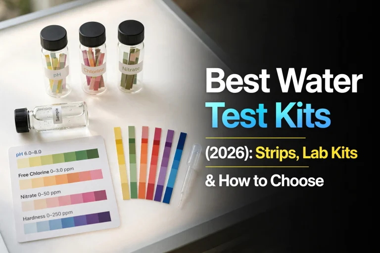 Best water test kits (2026) — test strip vials, color chart and sample vial arranged in a flat-lay on a light table