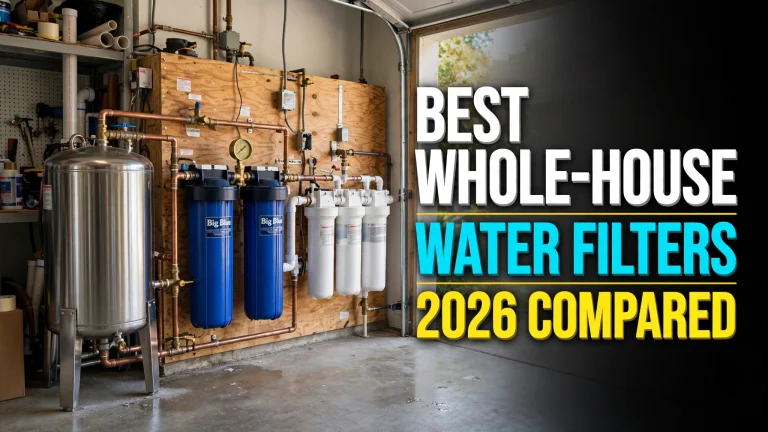 Best whole house water filter 2026 - garage utility wall with steel tank, blue filter housings, and 3-stage system