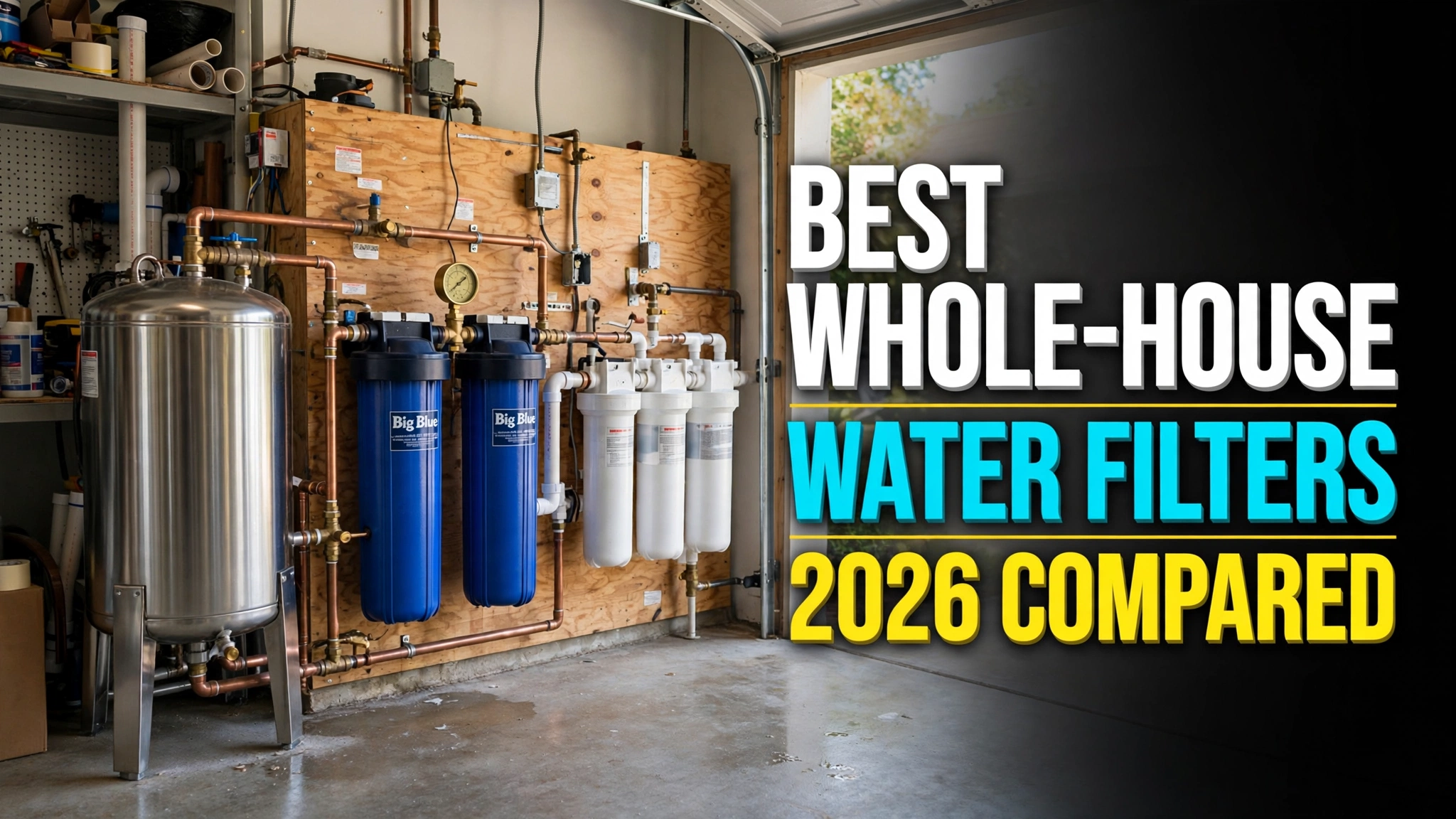 Best whole house water filter 2026 - garage utility wall with steel tank, blue filter housings, and 3-stage system