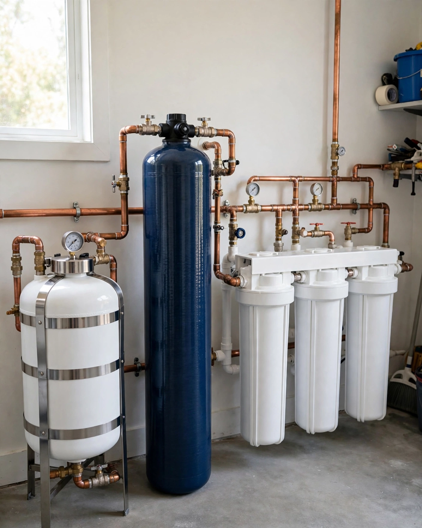 Three whole-house water filter units side by side: a compact tank unit, a tall media tank, and a 3-stage housing system
