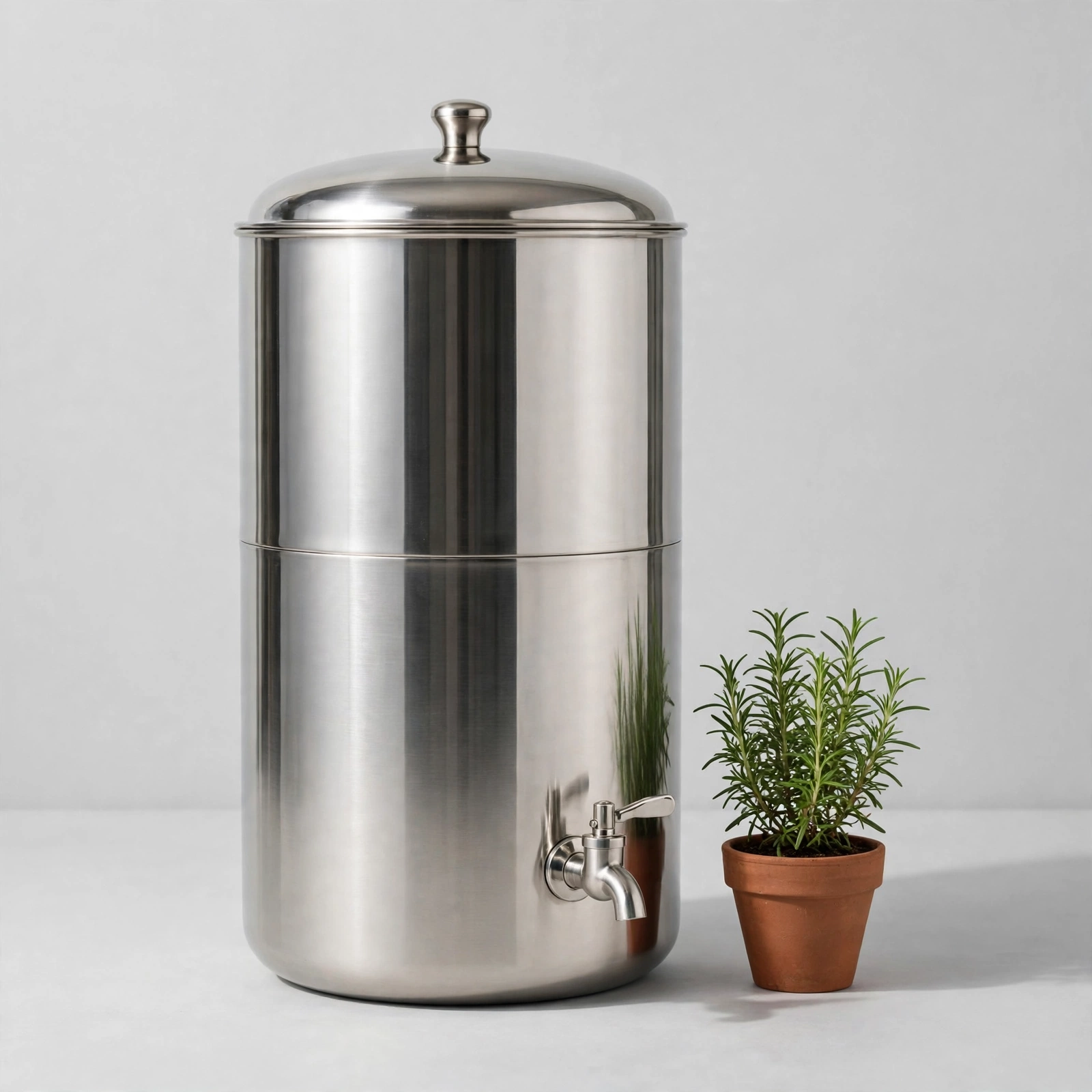 Medium stainless gravity filter with a potted herb beside it for scale