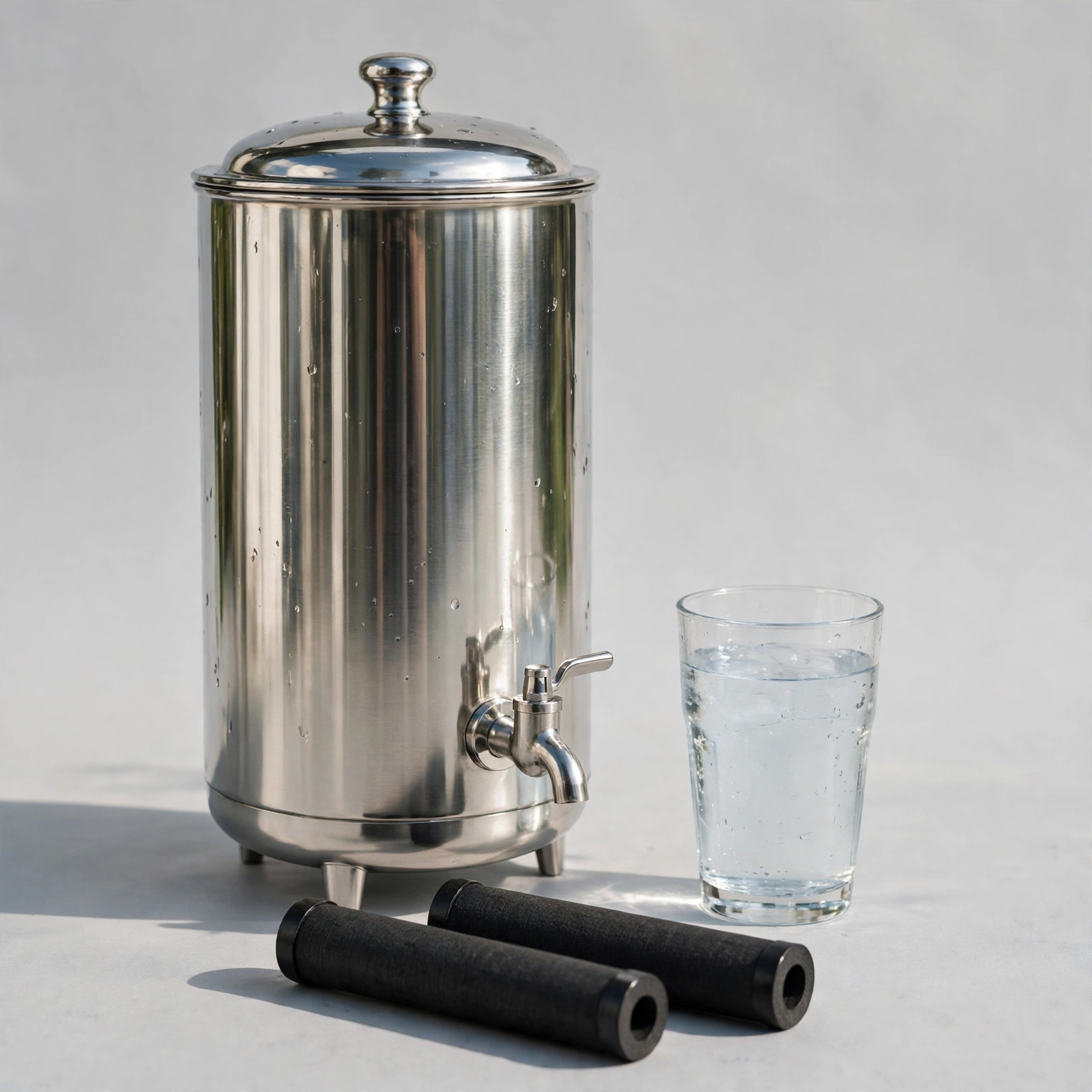 Big Berkey stainless gravity filter at an angle with a filled drinking glass and Black Berkey elements