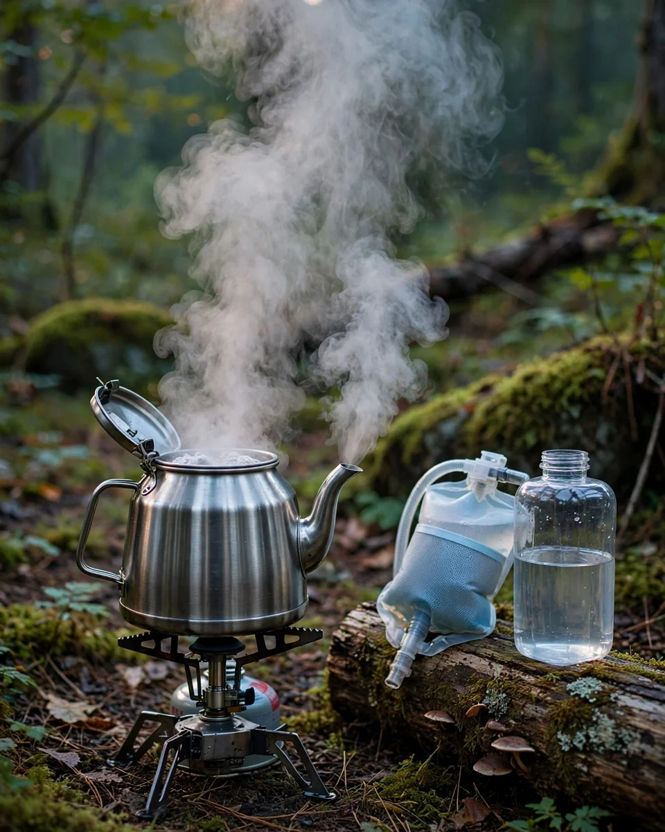 Camping kettle at a rolling boil on a camp stove in the forest, with water gear resting on a log beside it