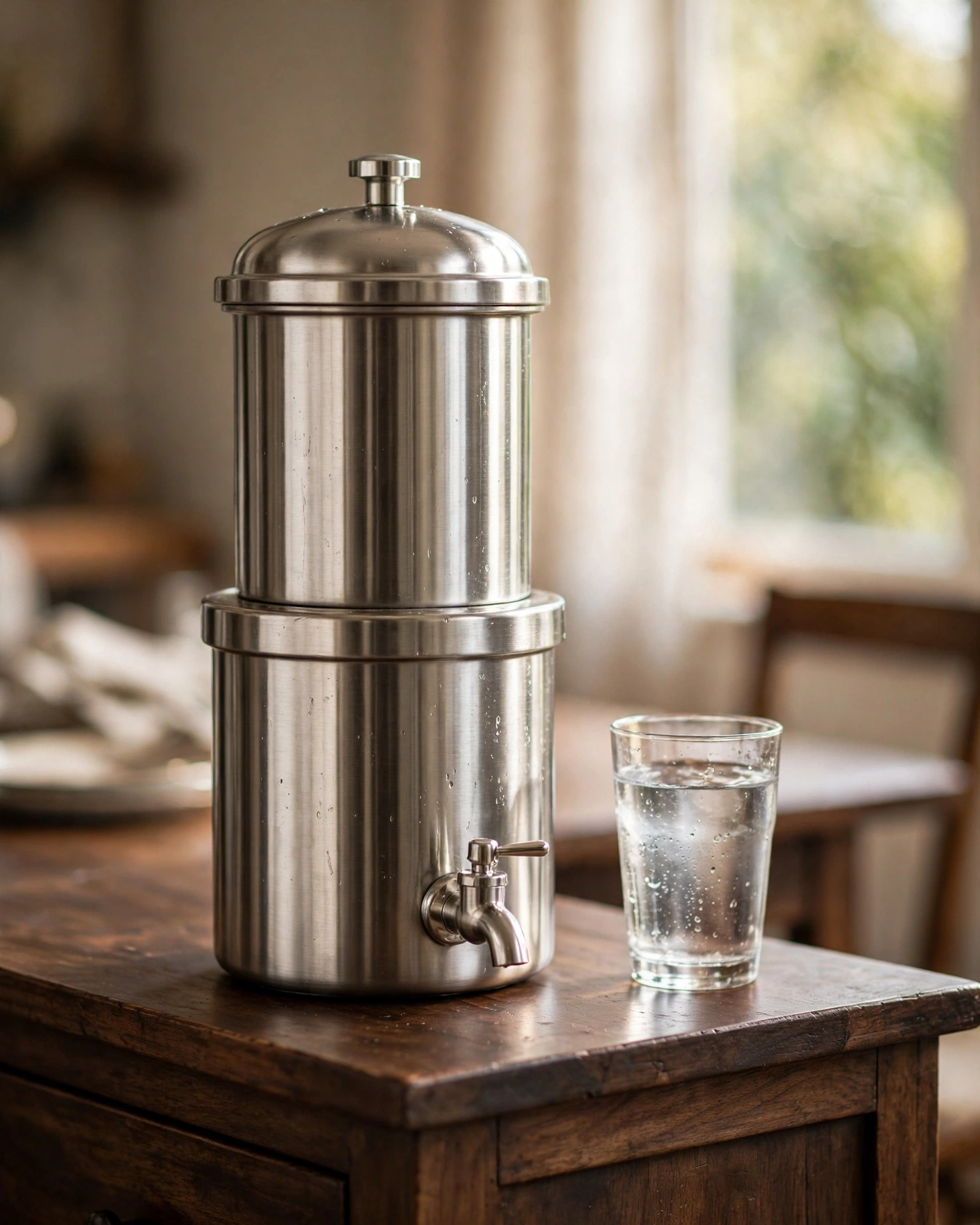 Boroux Legacy 3-gallon stainless steel gravity water filter on a dining-room sideboard