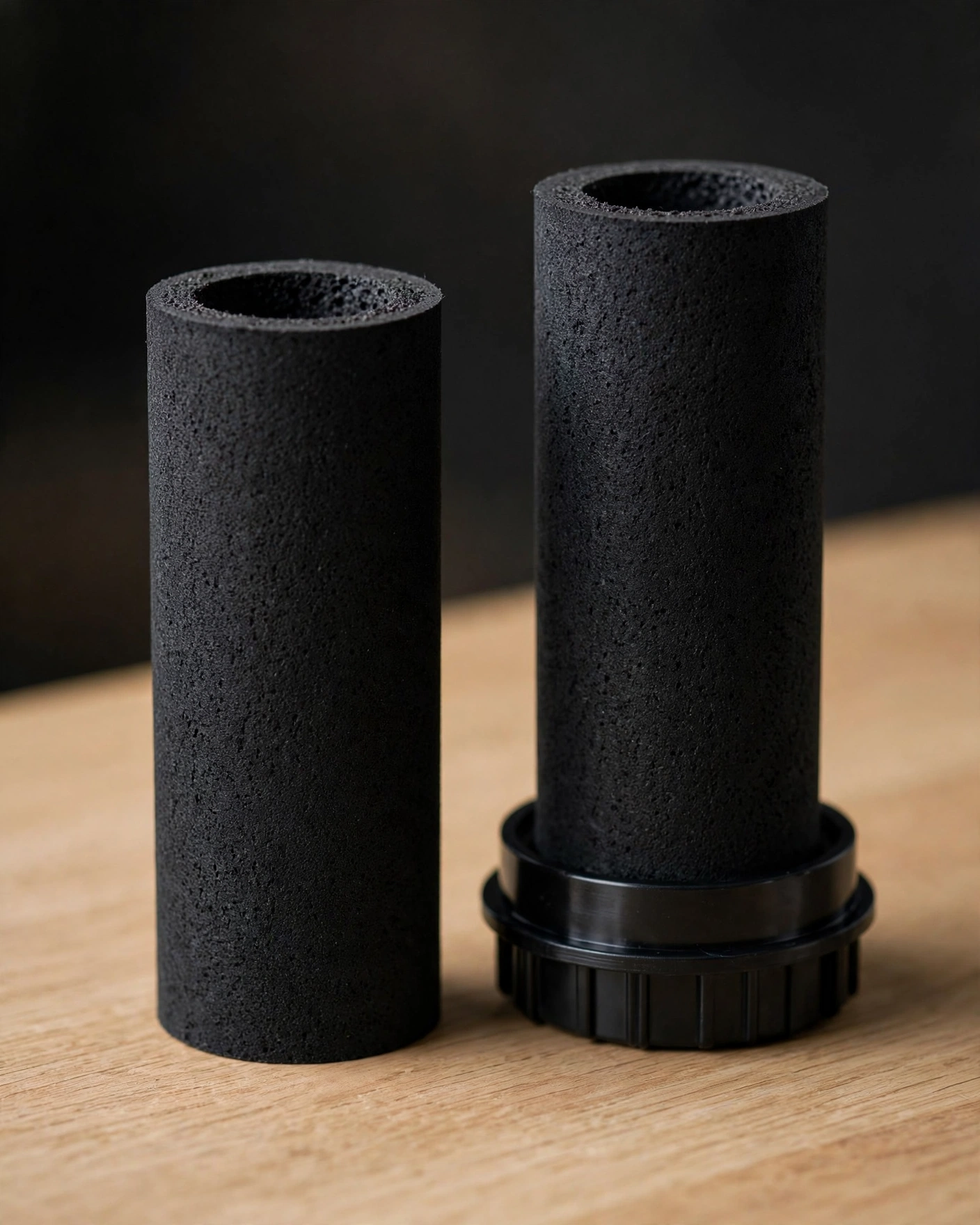 Pair of black Boroux Foundation filter elements with stem-saver support rings