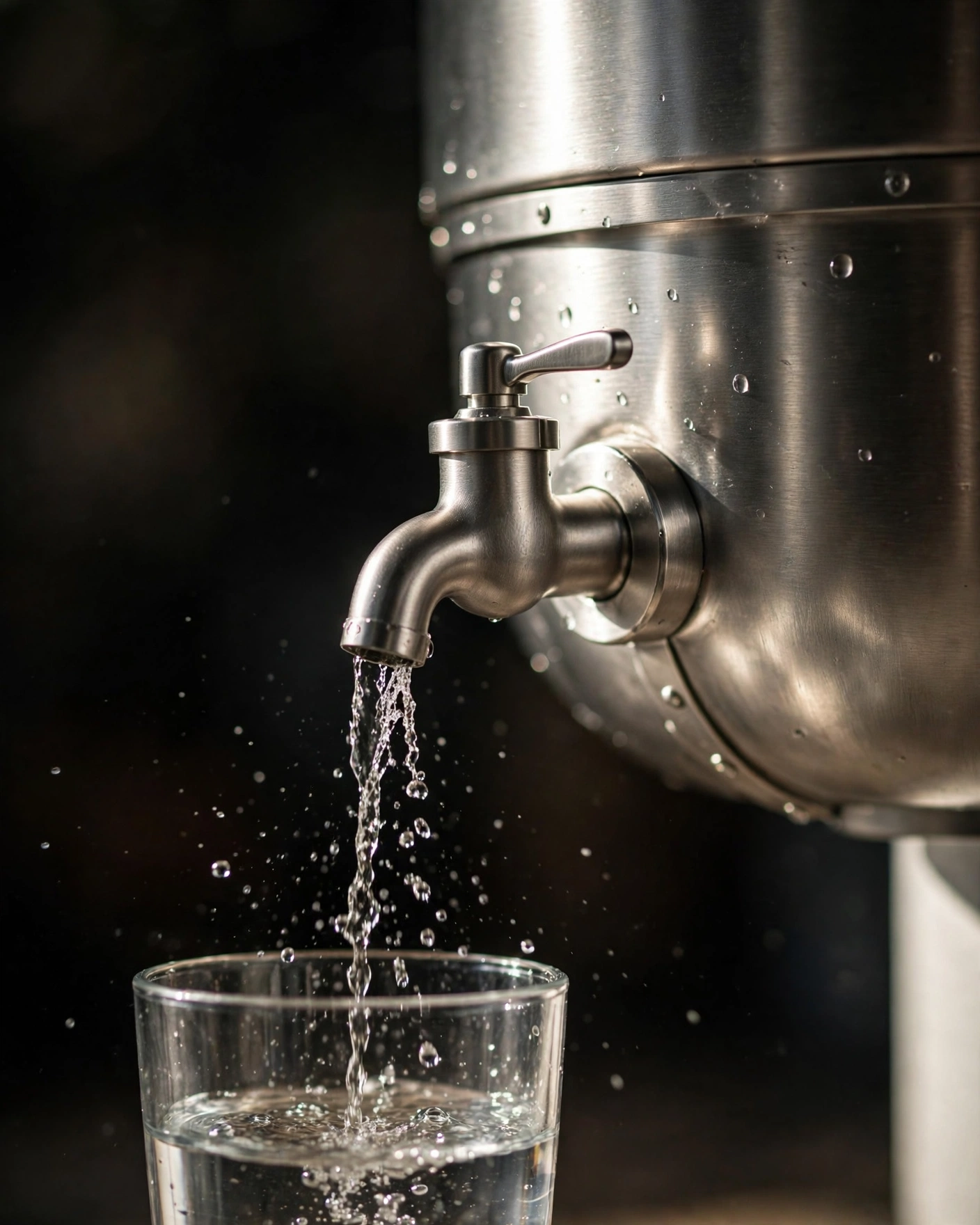 Close-up of the Boroux Legacy stainless steel spigot pouring filtered water into a glass