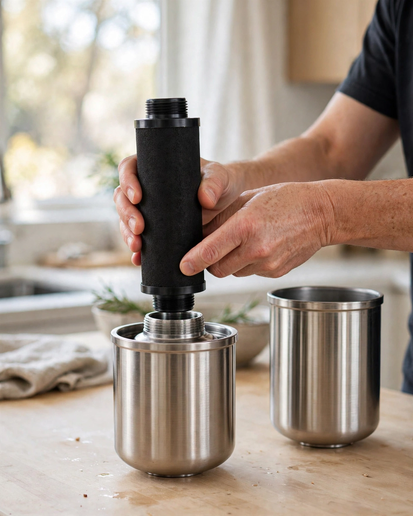 Hands installing a black Boroux Foundation filter element into the upper steel chamber