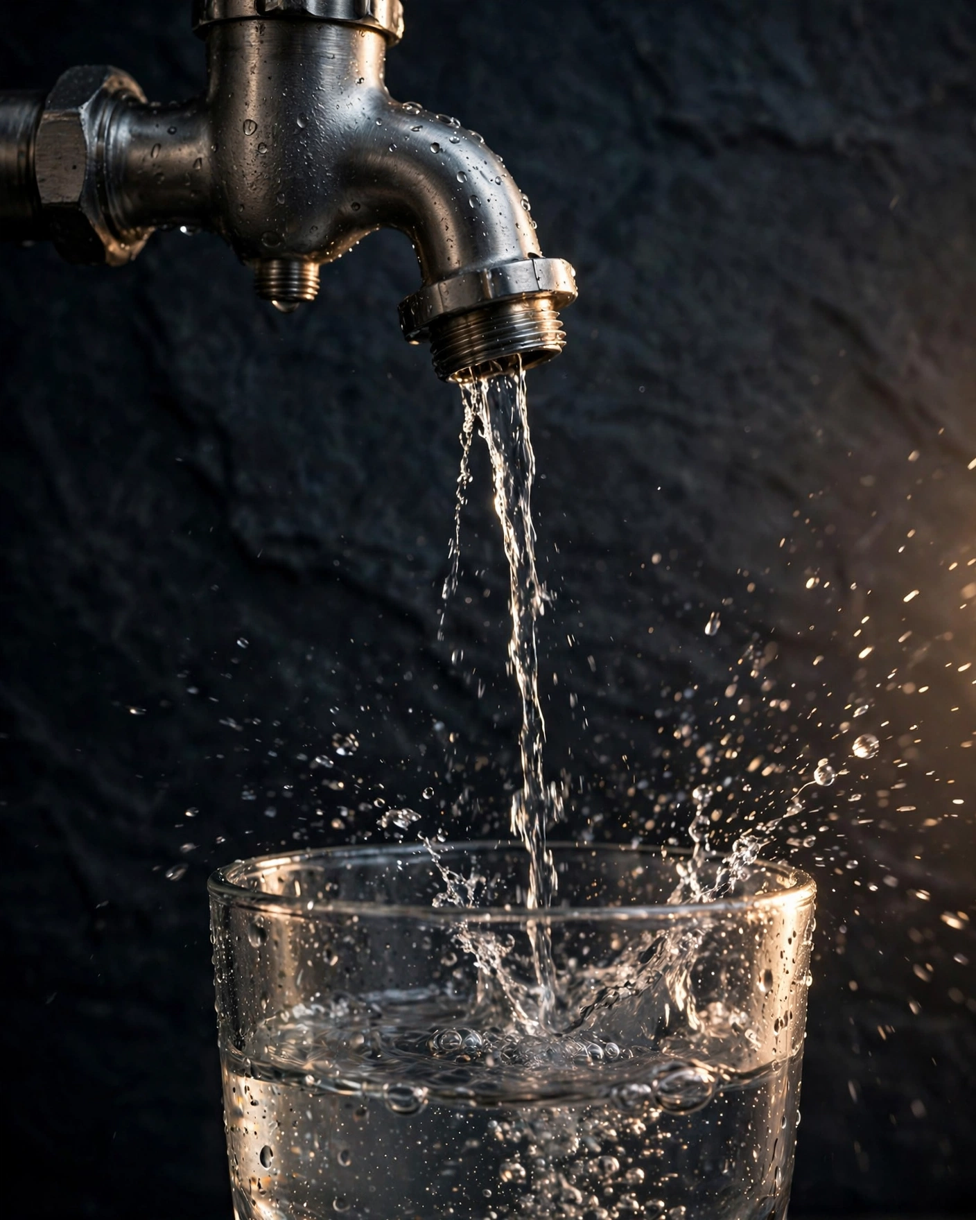 Slow stream of filtered water flowing from the Boroux Legacy spigot into a clear glass