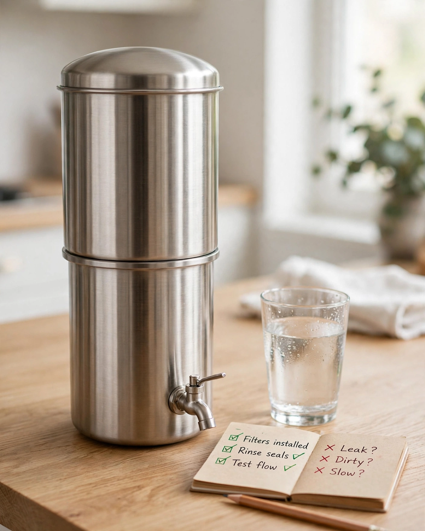 Stainless steel gravity water filter on a kitchen counter next to a glass of water and a pros-and-cons checklist notepad
