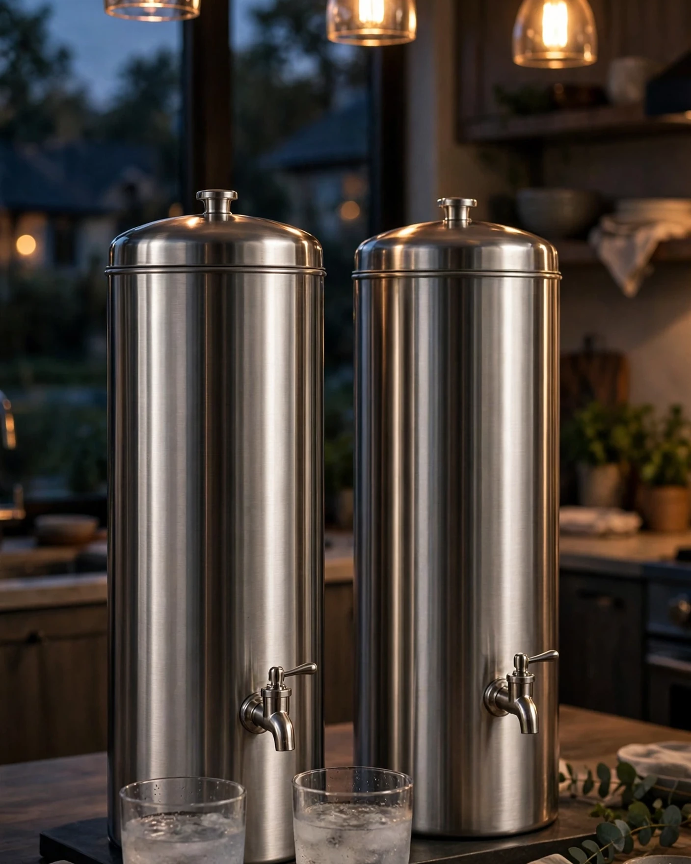 Two unlabeled stainless steel gravity water filter urns on a kitchen island at dusk with two glasses of water and warm pendant lights