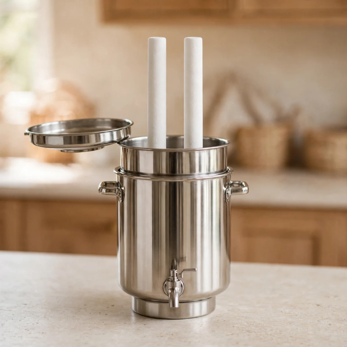 ProOne Big+ stainless steel gravity water filter with white ceramic candle elements on a kitchen counter