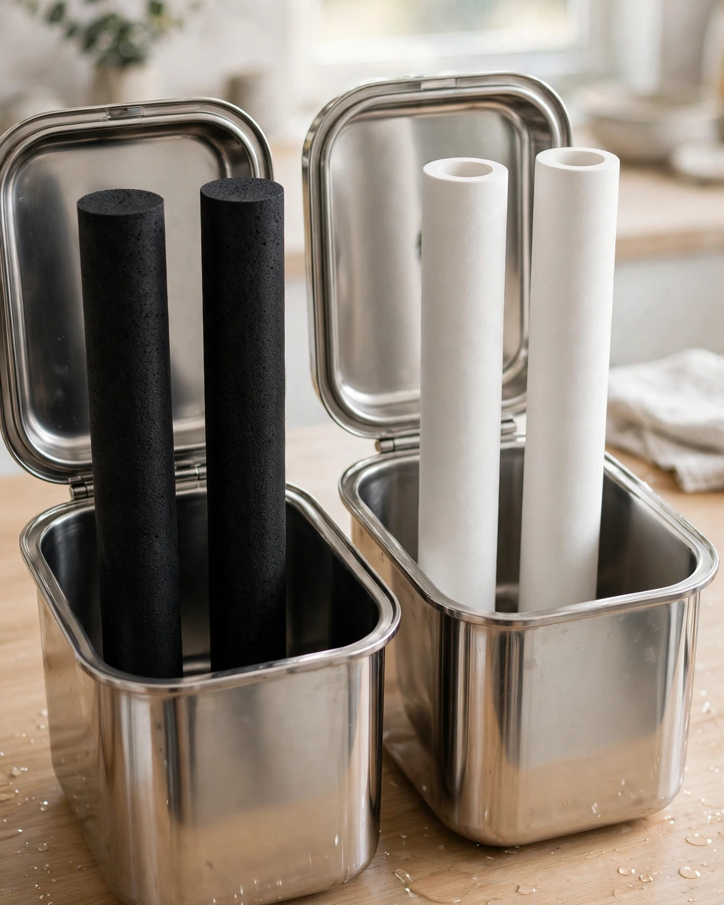 Open gravity filter chambers showing two black carbon elements in one and two white ceramic elements in the other