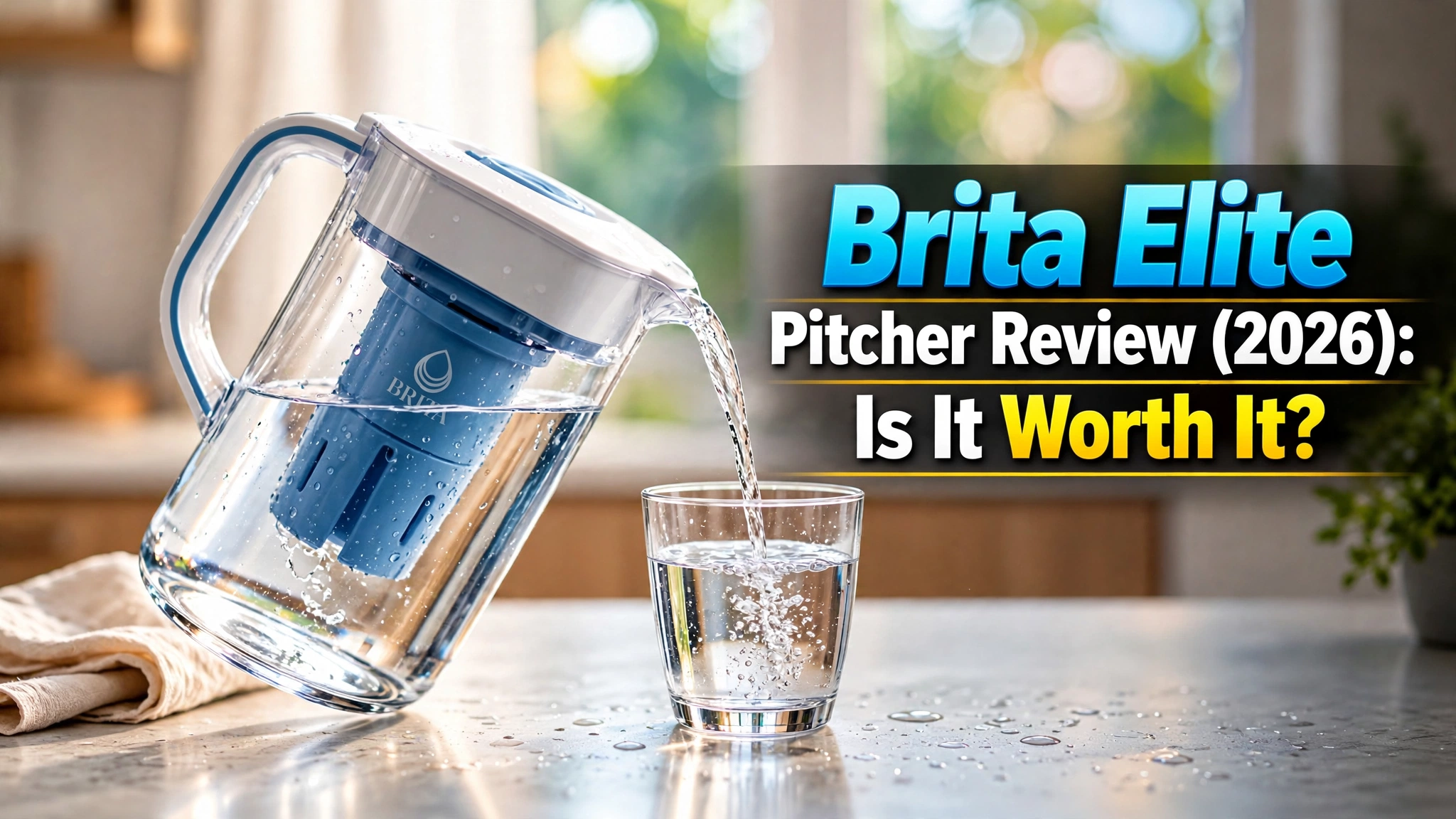 Brita Elite Pitcher Review (2026): Is It Worth It? — blue Brita Elite pitcher pouring filtered water into a glass on a sunlit kitchen counter