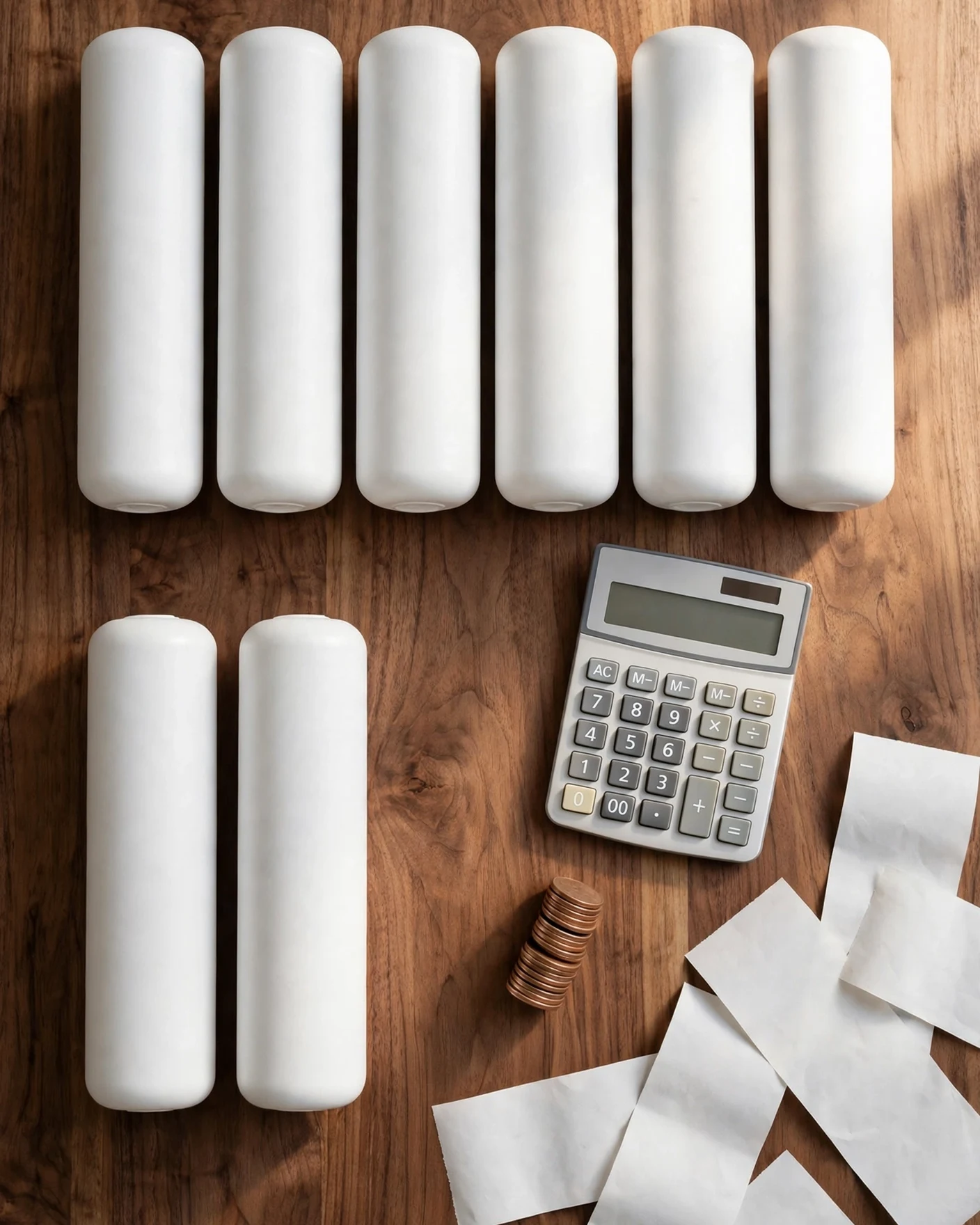 Two rows of unlabeled white filter cartridges — a short row of two and a long row of six — beside a calculator, coin stack, and blank receipts on a walnut table