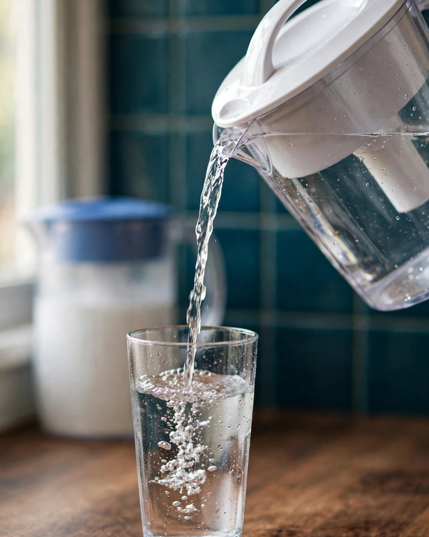 A clear unlabeled pitcher with a white lid pouring water into a tall glass with a white blue-lidded pitcher behind it on a walnut counter